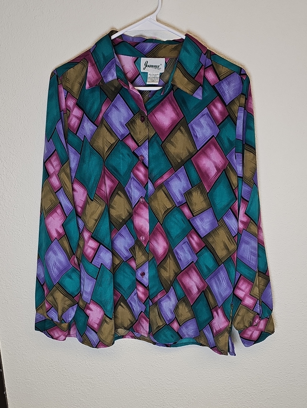 JoAnna Multi-Color Geometric Button-Down Shirt in Teal, Purple & Olive NWOT